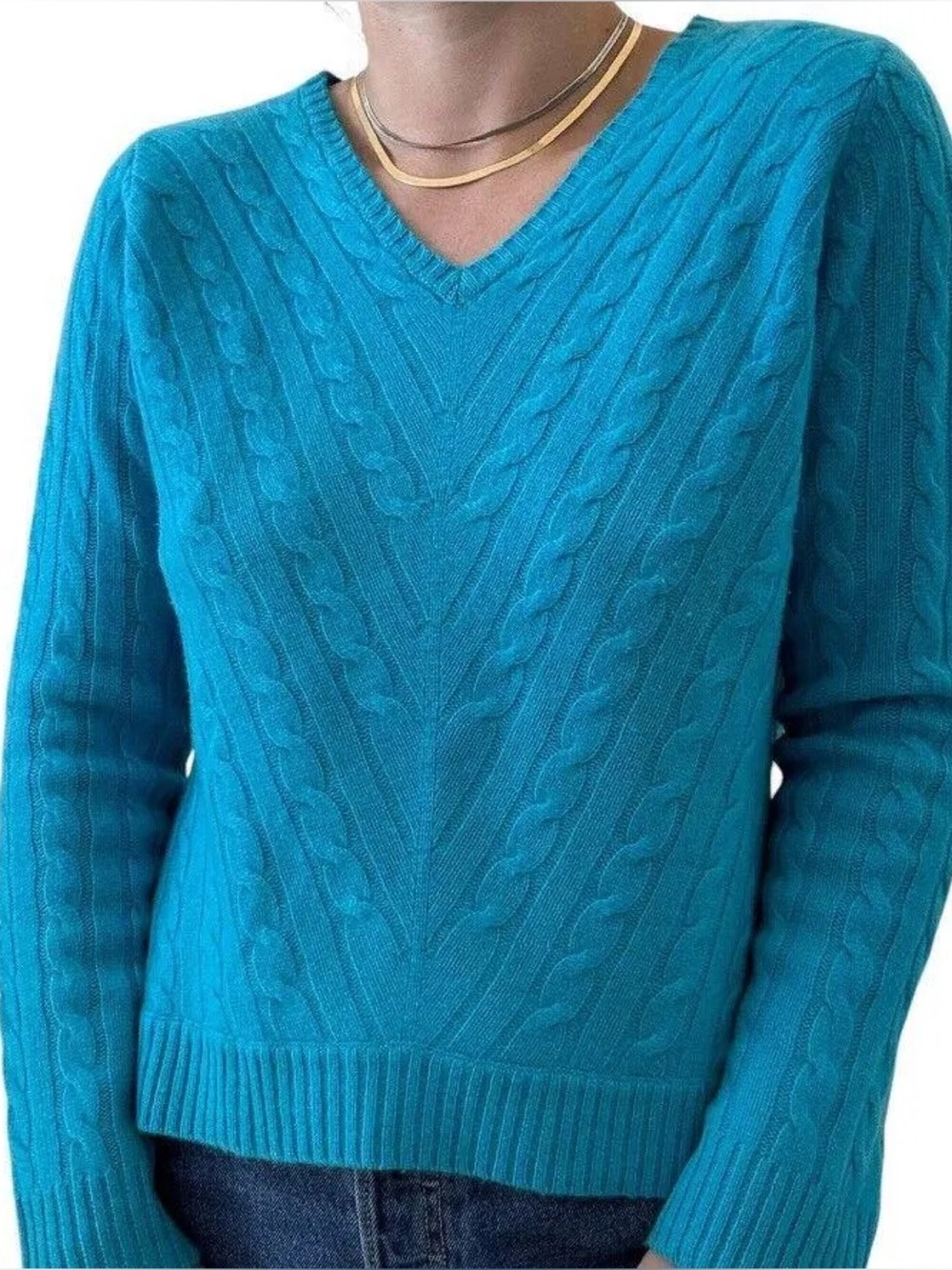 Ralph Lauren Turquoise Cable-Knit V-Neck Sweater
